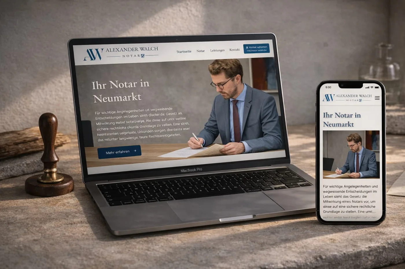 Website und Visitenkarte des Notariats Alexander Walch